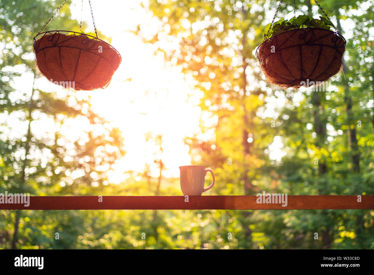 Appendere due vasi di piante in primavera con sfondo bokeh di fondo sul portico di casa con sunrise sun e tazza da caffè in legno cottage di cabina Foto Stock