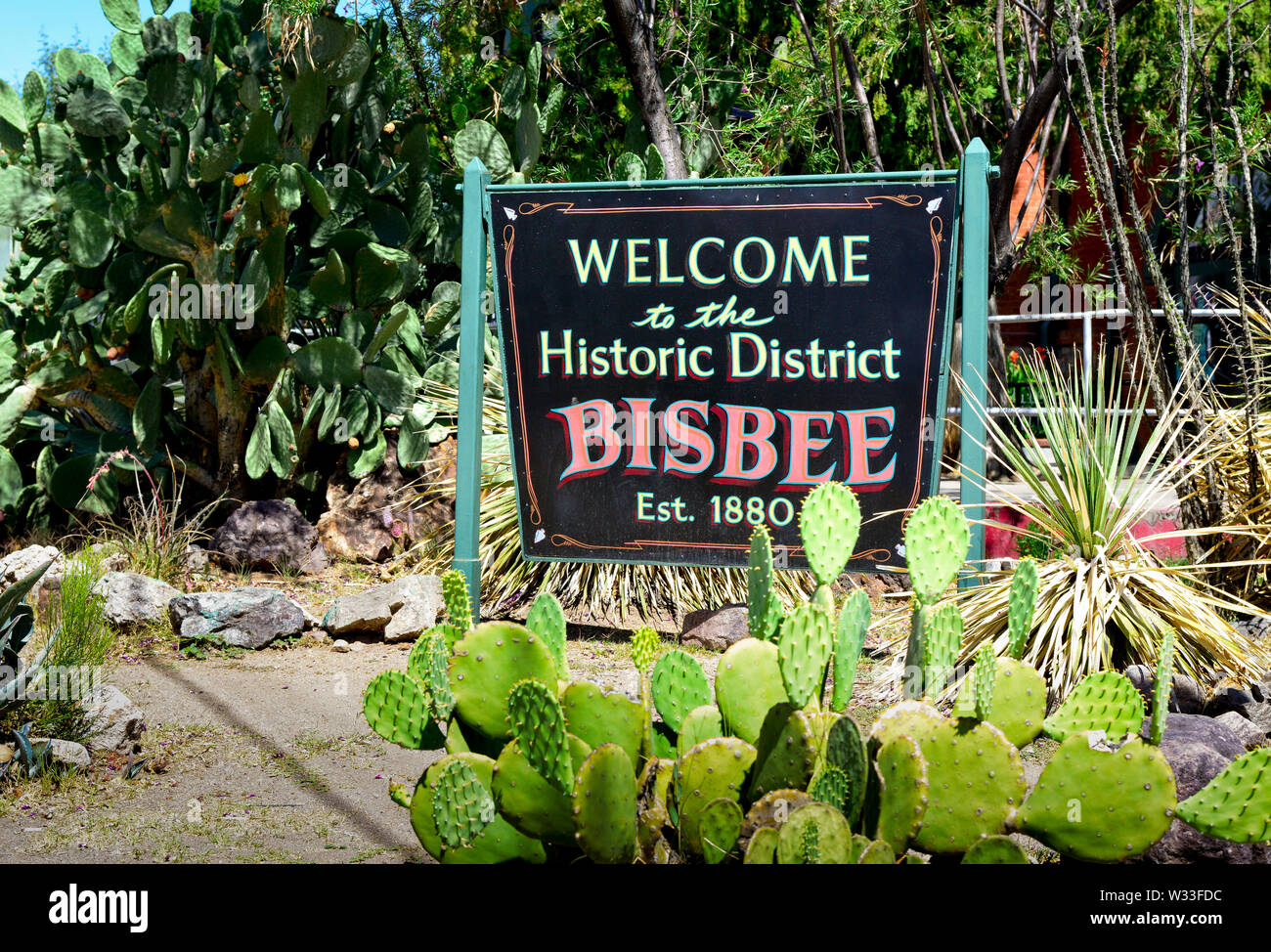 Una lettura del segno "Benvenuti nel quartiere storico di Bisbee, Est. 1880', circondata da cactus in Bisbee, AZ, nel piccolo centro America Foto Stock