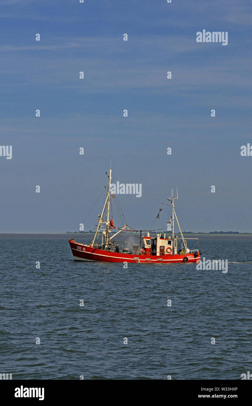 Jade bay, niedersachsen/Germania - 05 settembre 2013: una pesca di gamberetti barca a lavorare off wilhelmshaven Foto Stock