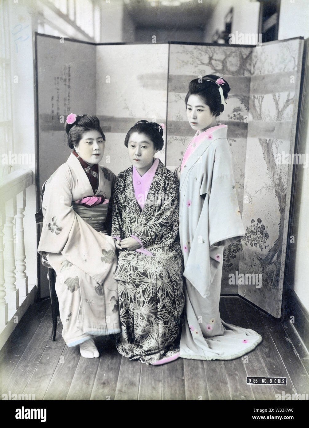 [ 1890 Giappone - prostitute ] - prostitute del Giappone della più famosa casa di prostituzione noto come Jinpuro (pesche noci) o No. 9, a Yokohama, nella prefettura di Kanagawa, ca. 1880 l. Rudyard Kipling, che ha visitato il Giappone nel 1889 (Meiji 22), Jinpuro menzionato nella sua 1894 (Meiji 27) poesia "McAndrew inno": "Macchia Fuori la wastrel ore di miniera in peccato quando ho dimora. Jane Harrigan's un' numero nove, il Reddick un' Grant Road". Xix secolo albume vintage fotografia. Foto Stock