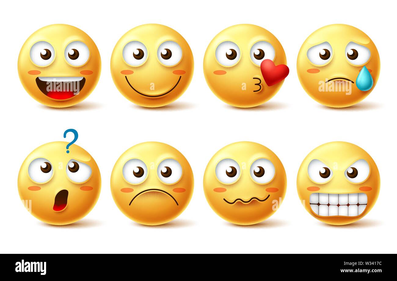 Smiley face vector set di caratteri. Smiley emoticon e gli Emoji con differenti espressioni facciali ed emozione come felice, solitario, confuso e arrabbiato Illustrazione Vettoriale