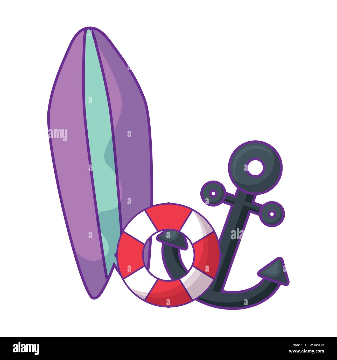 Marina di ancoraggio con tavola da surf e flottazione illustrazione vettoriale design Illustrazione Vettoriale