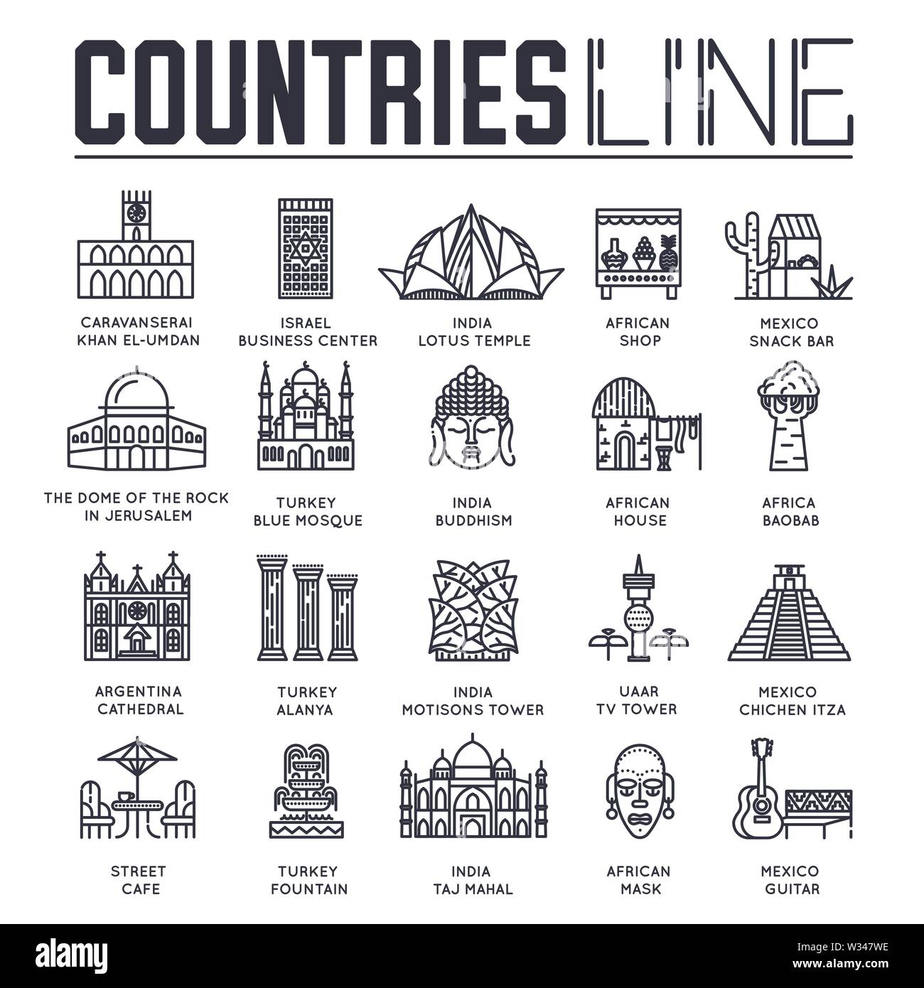 Insieme di attrazioni turistiche di tutti i paesi del mondo sottile linea icone isolato su bianco. Celebre architettura pittogrammi outline collezione. L Illustrazione Vettoriale