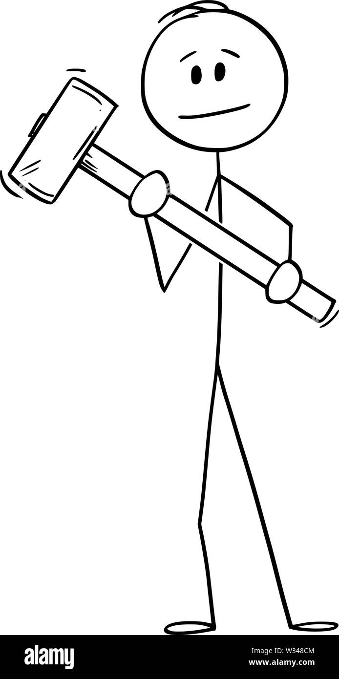 Vector cartoon stick figura disegno illustrazione concettuale di uomo o di lavoratore edile azienda grande martello o mazza. Illustrazione Vettoriale