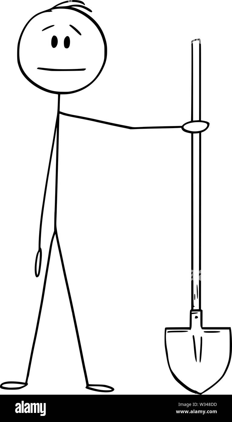 Vector cartoon stick figura disegno illustrazione concettuale di uomo o di lavoratore edile o digger azienda pala. Illustrazione Vettoriale