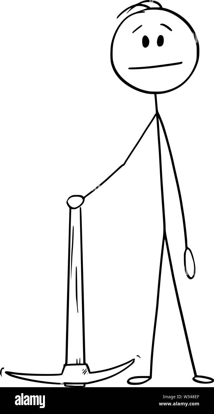 Vector cartoon stick figura disegno illustrazione concettuale di uomo o di lavoratore edile o azienda di scavo o di prelievo di piccone o di piccone. Illustrazione Vettoriale
