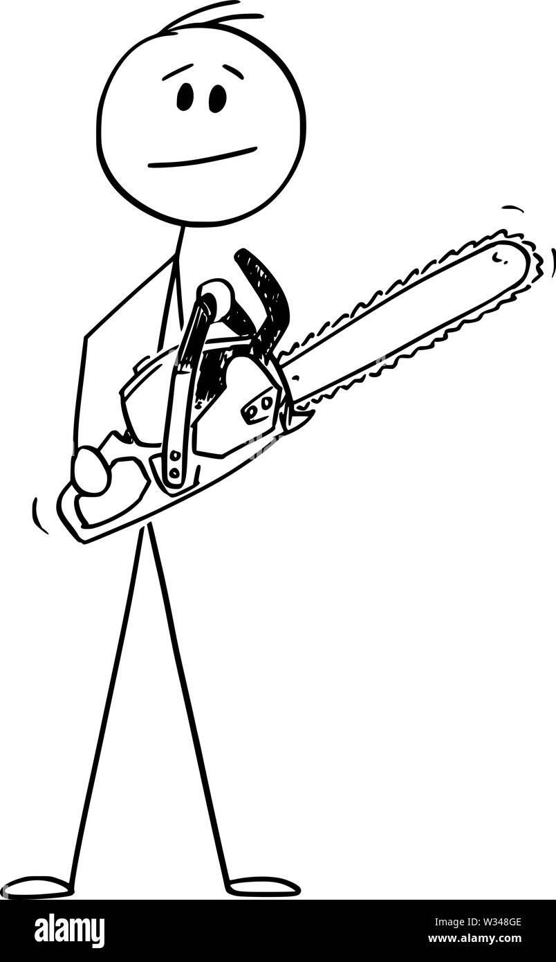 Vector cartoon stick figura disegno illustrazione concettuale dell'uomo o lumberjack foresta o lavoratore azienda sega a catena o sega a nastro. Illustrazione Vettoriale