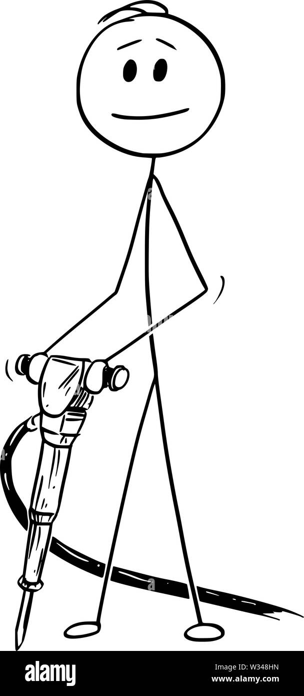 Vector cartoon stick figura disegno illustrazione concettuale di un uomo o di costruzione o di lavoratore su strada tenendo trapano pneumatico o martello pneumatico o jackhammer. Illustrazione Vettoriale