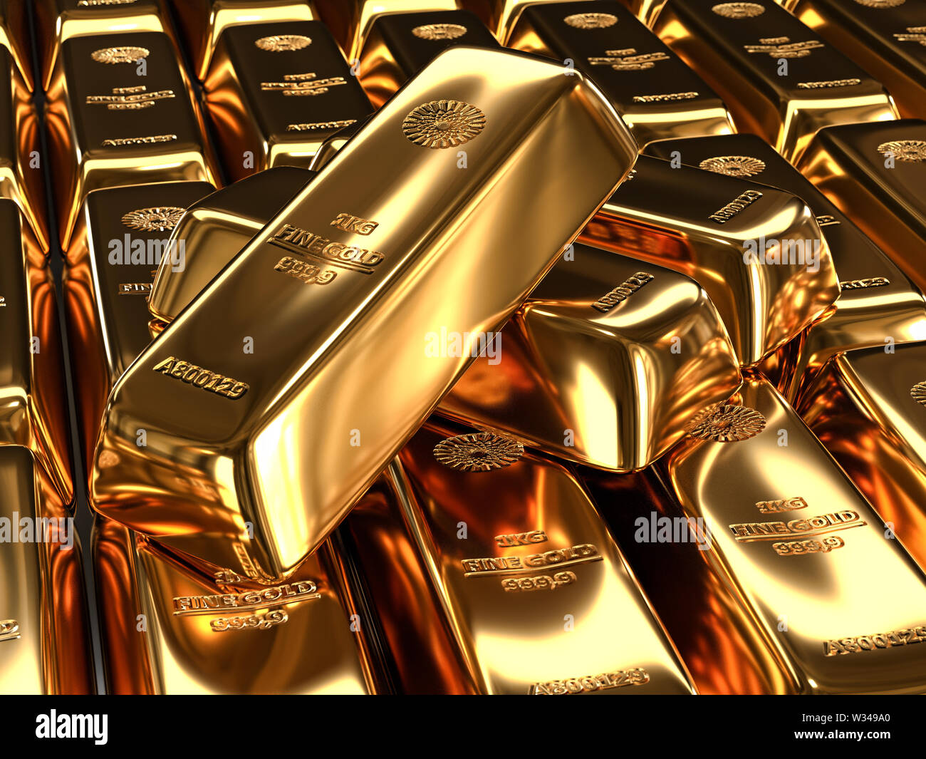 3D rendering di una pila di oro Lingotti con timbri Foto Stock