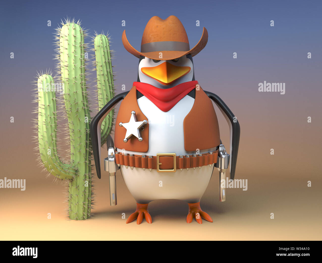 Wild West cowboy penguin sheriff sta salda dal cactus, 3D render illustrazione Foto Stock