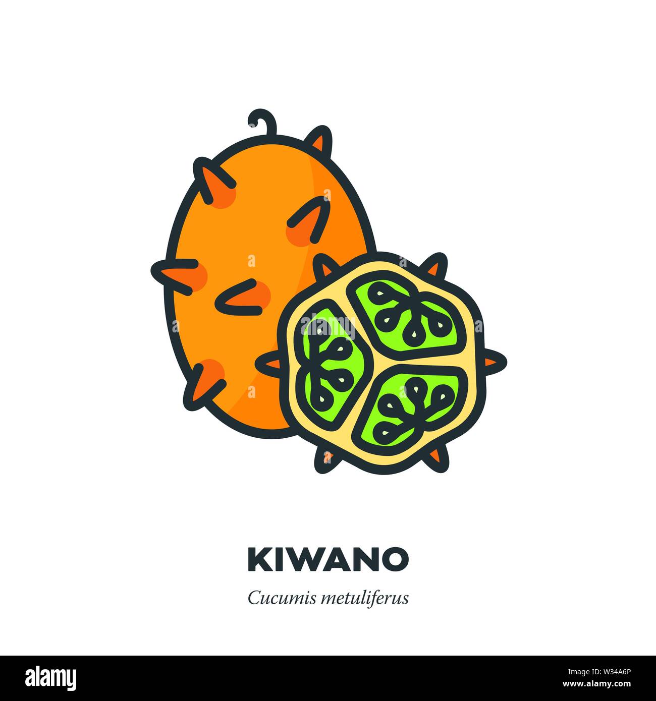 Kiwano o cornuto frutta melone icona, contorno a colori stile di riempimento illustrazione vettoriale, tutta la frutta e la sezione trasversale Illustrazione Vettoriale