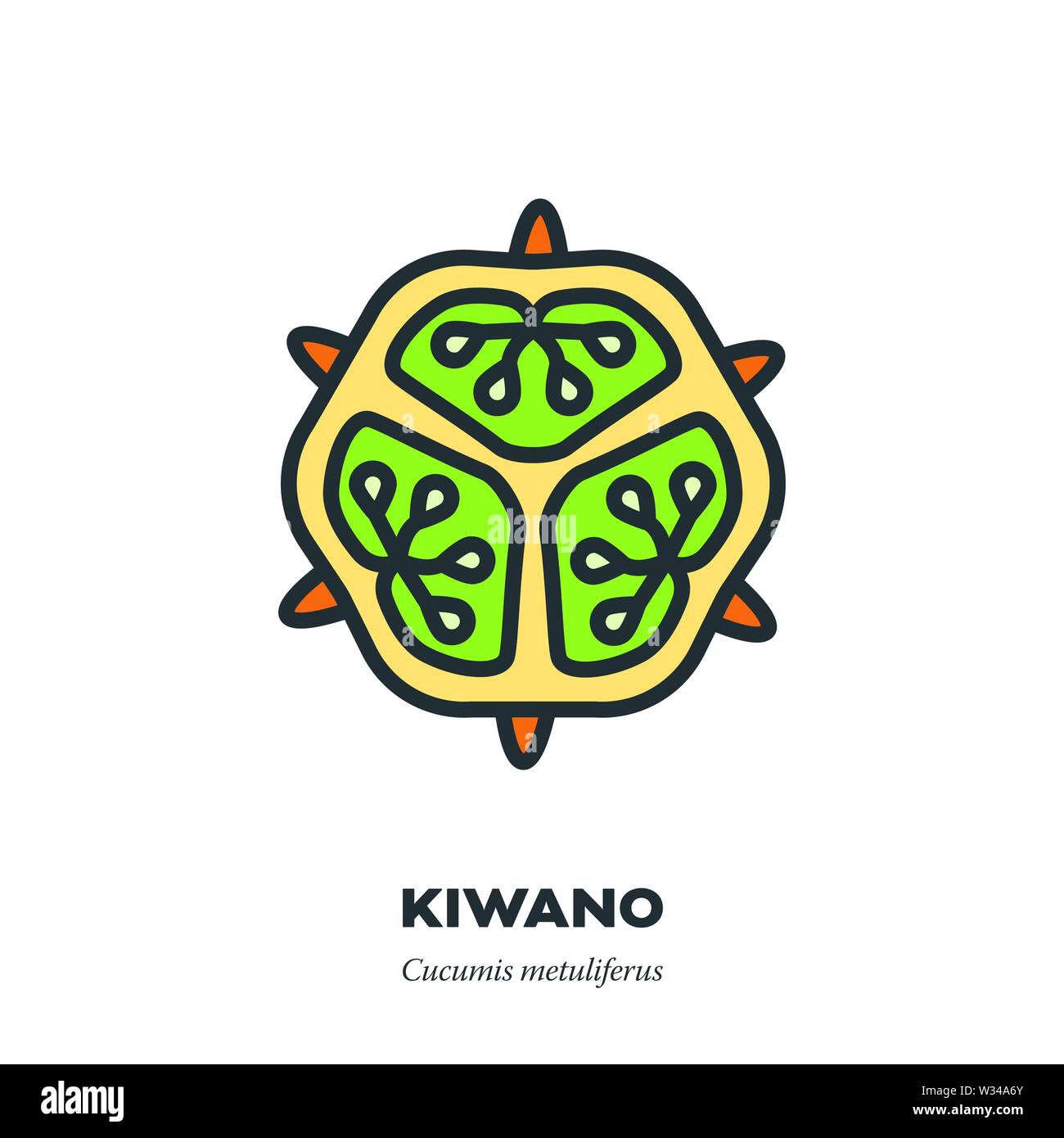 Kiwano o cornuto frutta melone icona, contorno a colori stile di riempimento illustrazione vettoriale, sezione trasversale Illustrazione Vettoriale