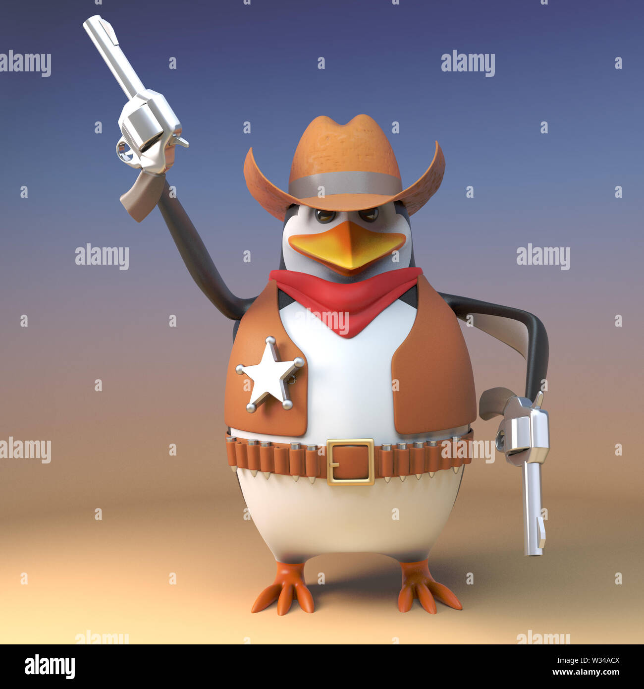 Wild West cowboy penguin sceriffo spara una delle sue pistole in aria per effetto, 3D render illustrazione Foto Stock