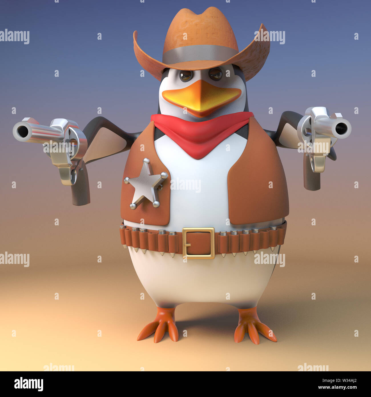 Wild West penguin sceriffo cowboy punti entrambe le sue pistole al visualizzatore per effetto drammatico, 3D render illustrazione Foto Stock