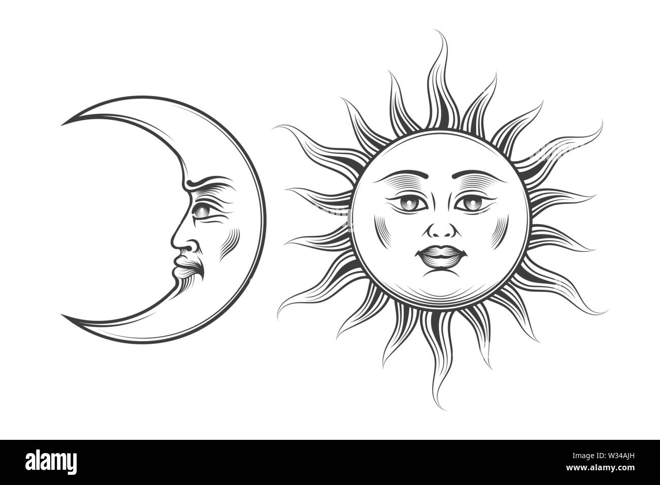 Disegnata a mano il sole e la Luna con cartoon umani volti in stile di incisione. Esotric medievale astrologia simboli. Illustrazione Vettoriale. Illustrazione Vettoriale