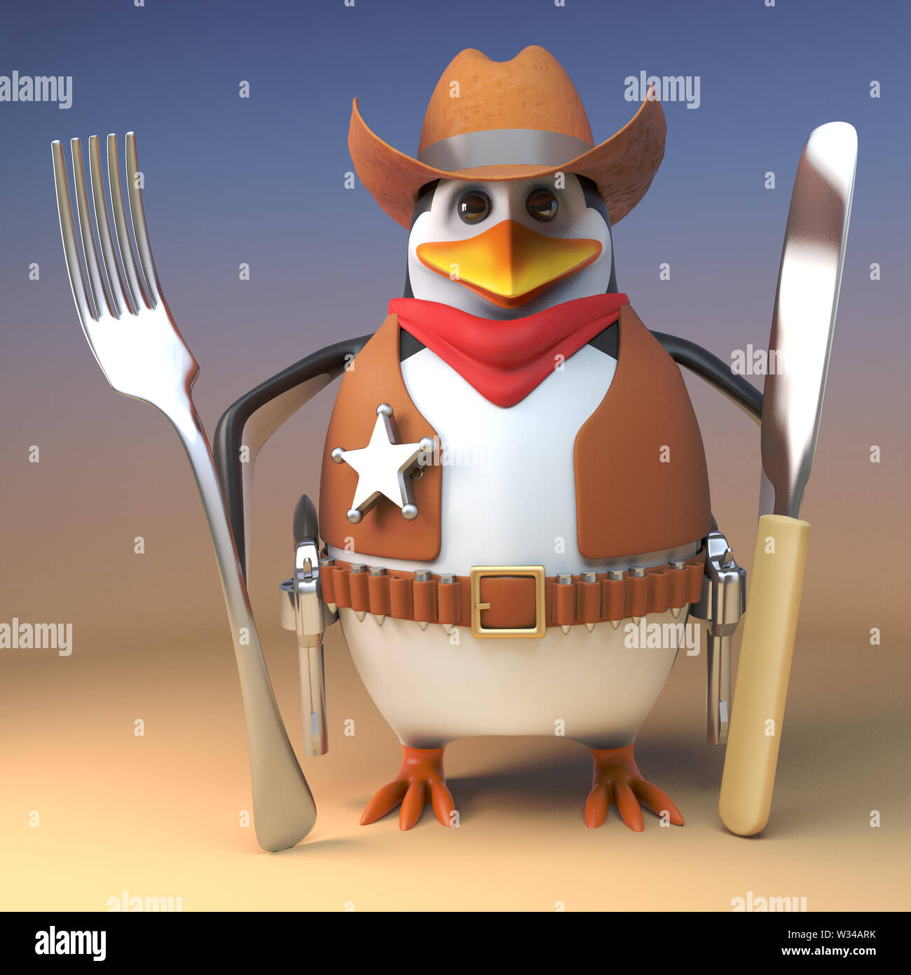 Fame Wild West sceriffo cowboy penguin tiene il suo coltello e forchetta pronto per i fagiolini, 3D render illustrazione Foto Stock