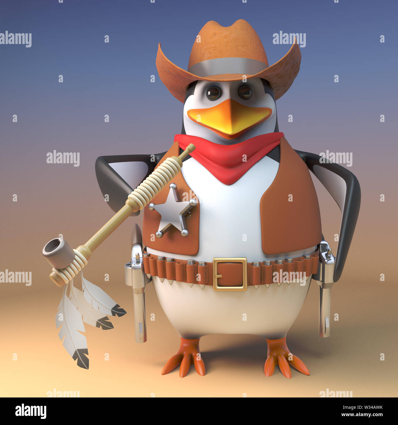 Wild West sheriff penguin cowboy fuma la peacepipe come un segno di buona volontà, 3D render illustrazione Foto Stock