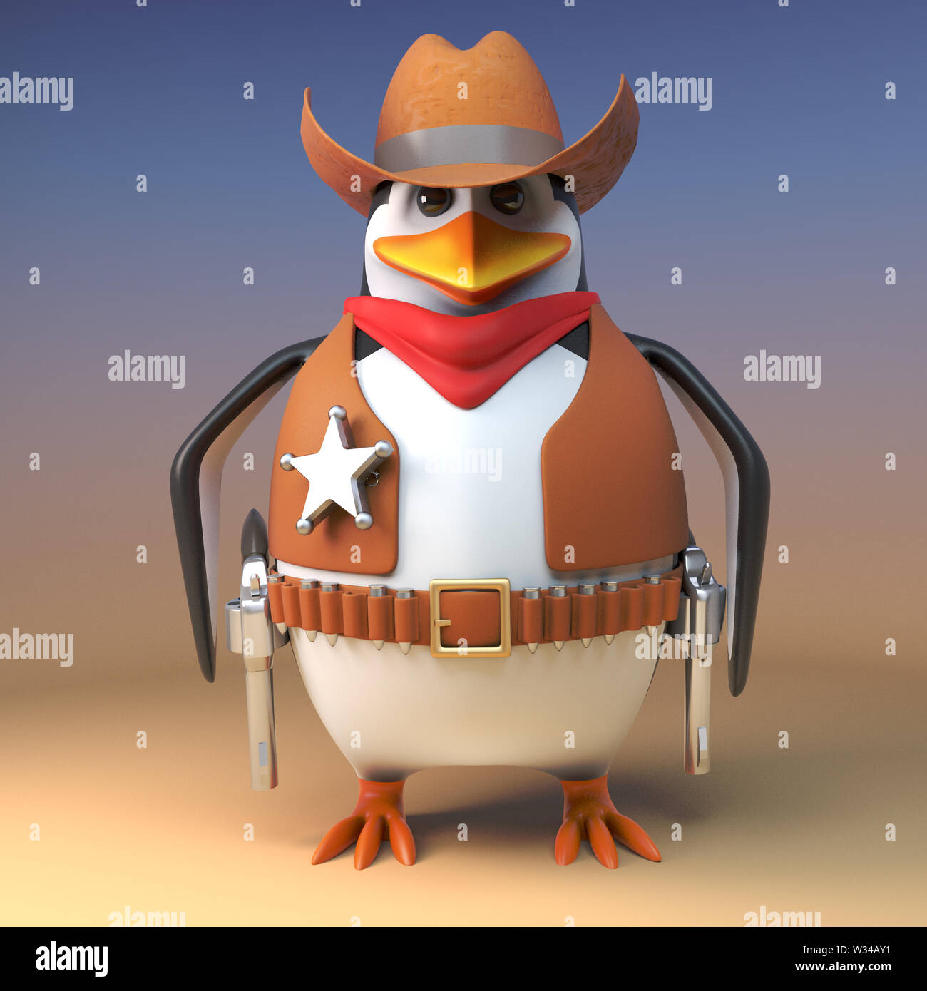 Wild West cowboy penguin sheriff rimane salda pronti a trarre il suo pistole, 3D render illustrazione Foto Stock