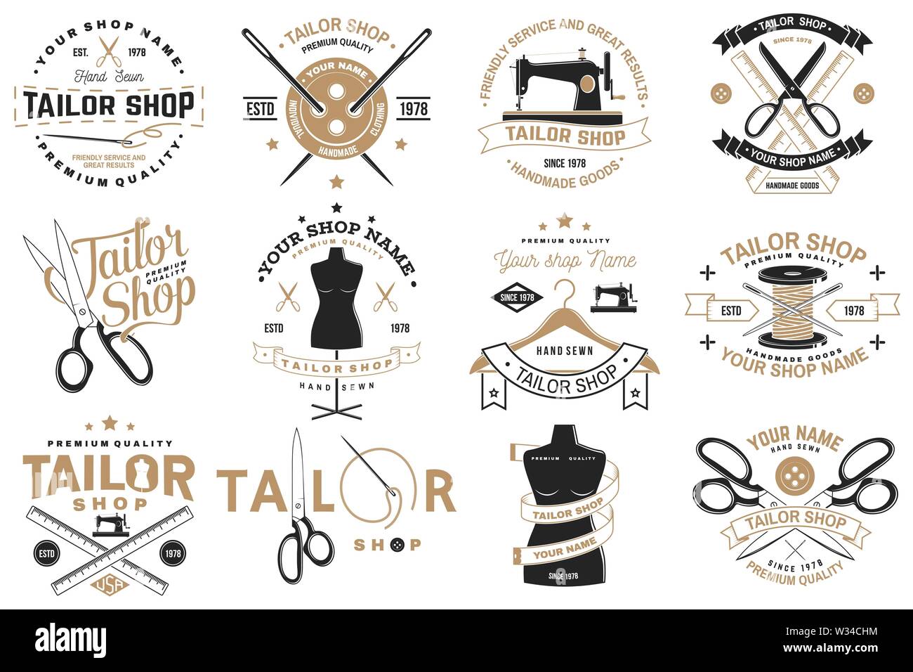 Set di sartoria badge. Illustrazione Vettoriale concetto per T-shirt, stampa etichetta di timbro o di raccordo a t. Vintage design tipografia con ago di cucitura e forbici silhouette. Design retrò per cucire shop business Illustrazione Vettoriale