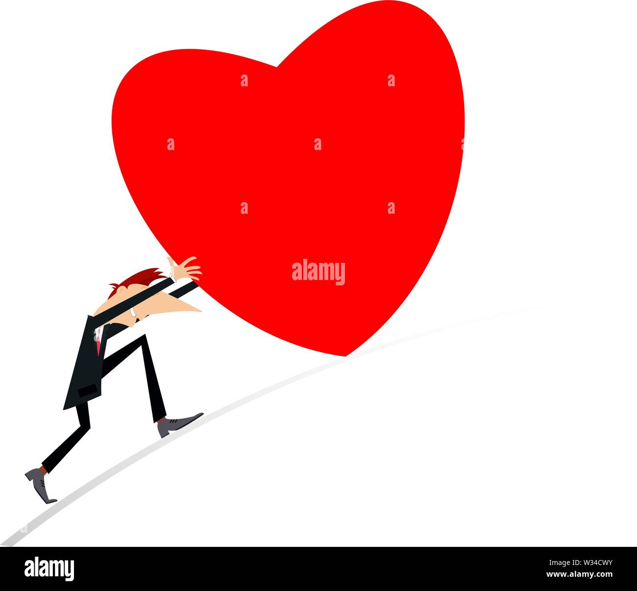 L'uomo spinge un simbolo del cuore di illustrazione. Uomo sorridente spinge un grande cuore isolato su bianco Illustrazione Vettoriale