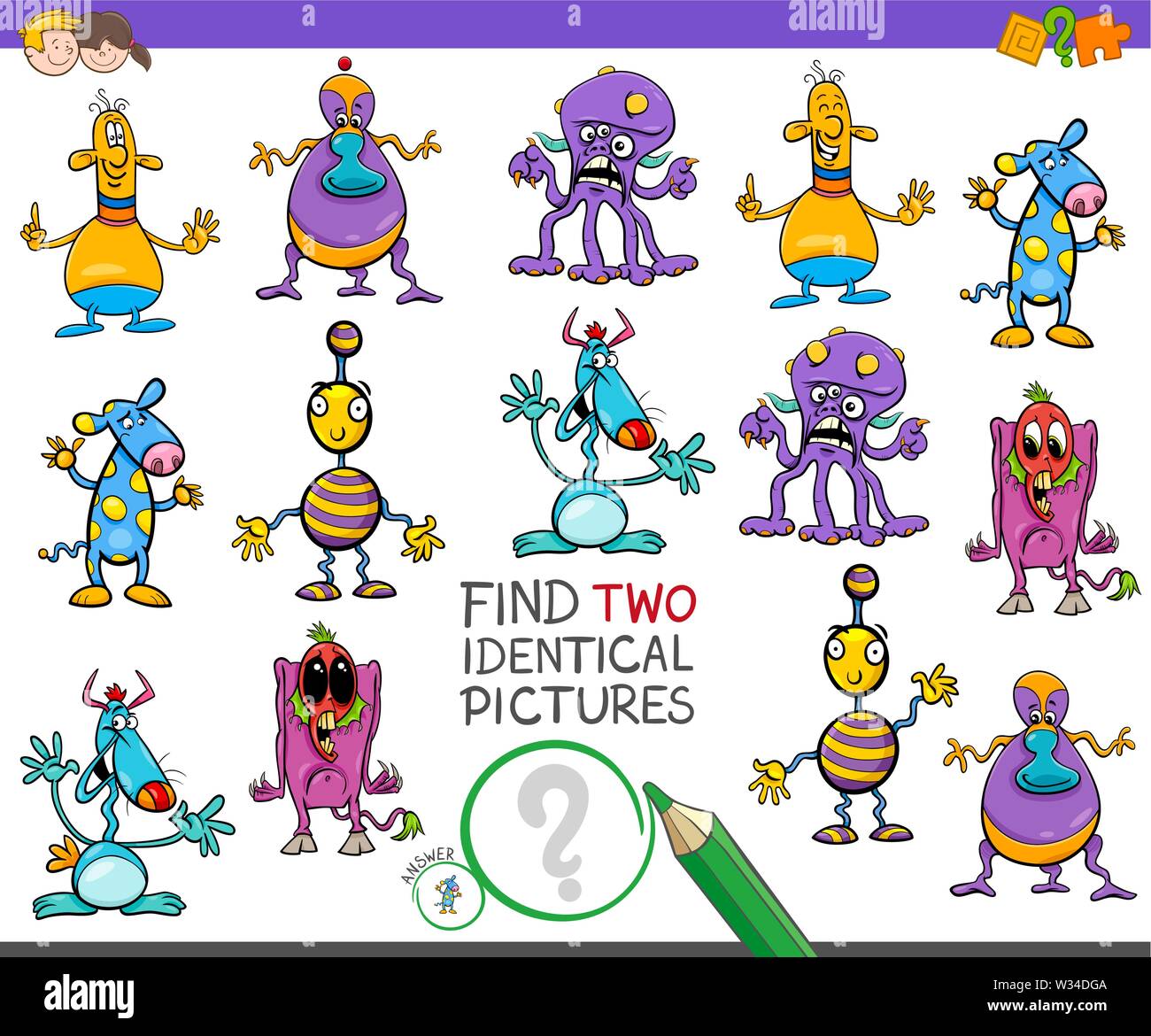 Illustrazione del fumetto di trovare due immagini identiche gioco educativo per bambini con mostri o caratteri alieno Illustrazione Vettoriale