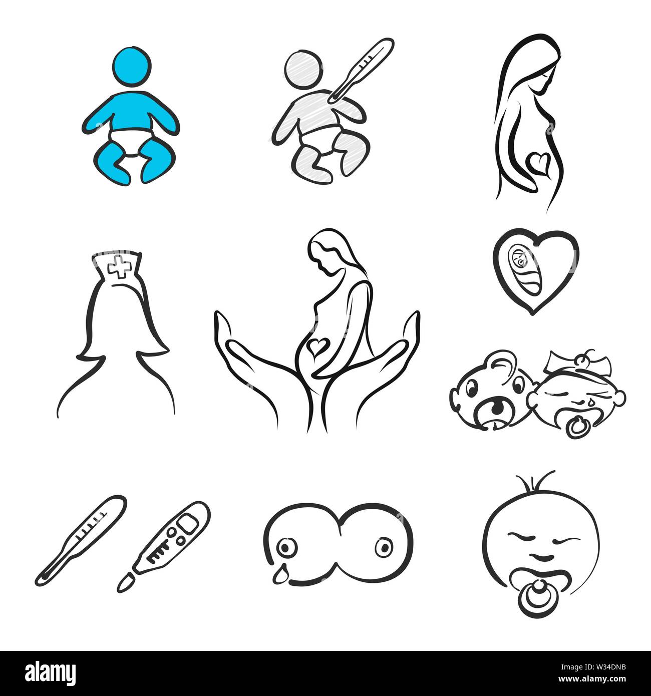 Set di gravidanza e la levatrice le icone. Disegnate a mano il simbolo del logo per t-shirt stampe e marketing online. Illustrazione Vettoriale