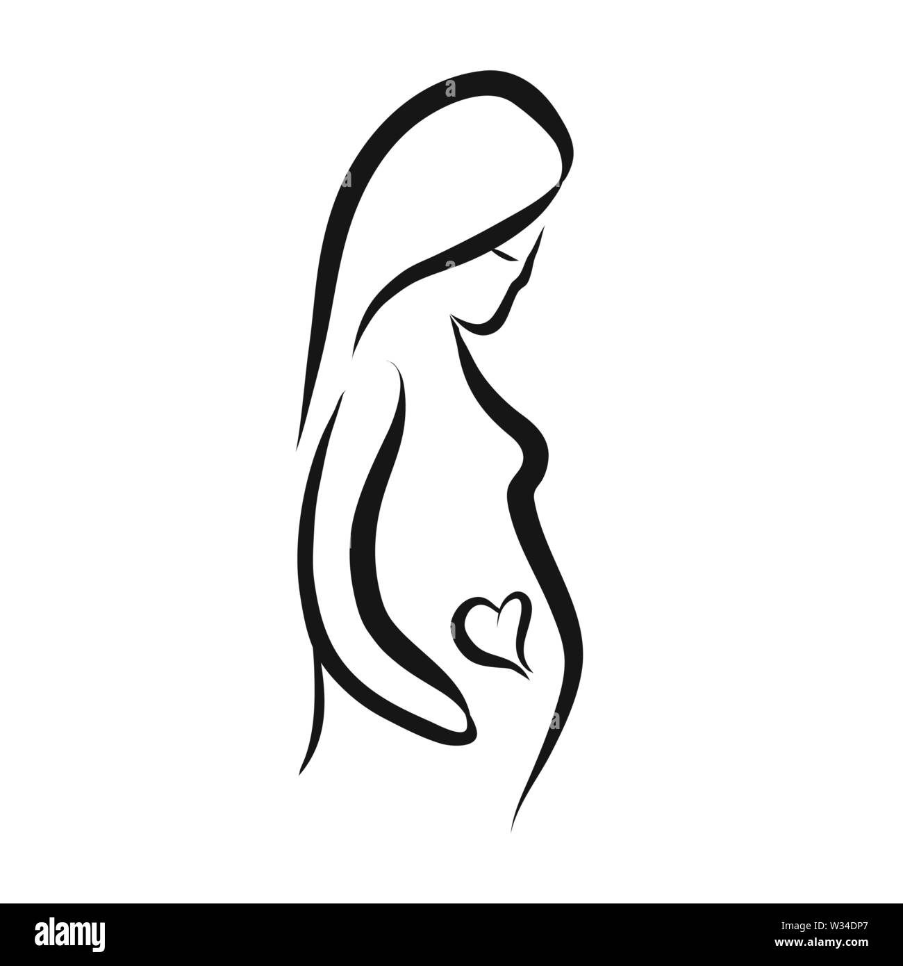 Donna incinta con cuore all'interno. Disegnate a mano il simbolo del logo per t-shirt stampe e marketing online. Illustrazione Vettoriale