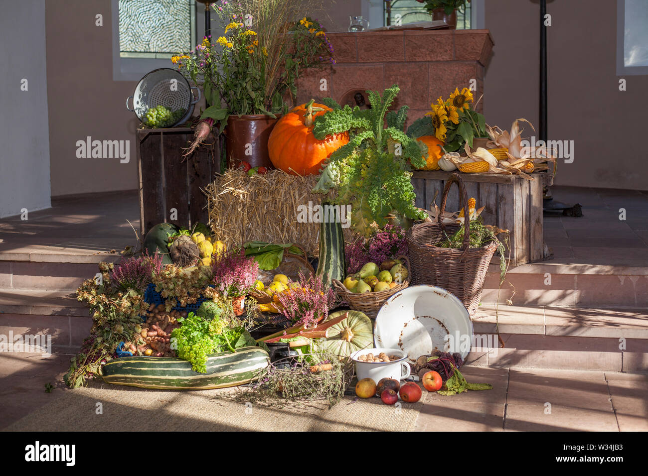 Frutta e verdura al giorno del Ringraziamento altare, ringraziamento, Liebfrauenkirche in autunno, Fischerhude, Bassa Sassonia, Germania, Europa Foto Stock