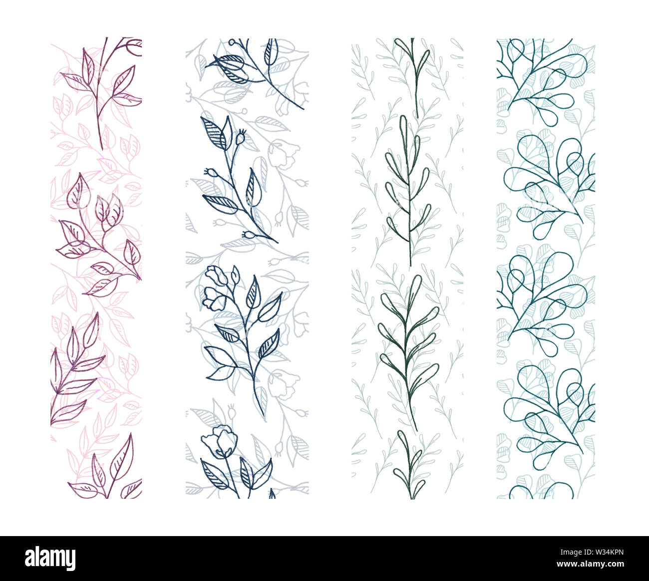 Set di seamless sponde verticali scandinavi in stile nordico, modelli botanici di ramoscelli e fiori - rose, felce, silverdollar scarabocchi di eucalipto Foto Stock