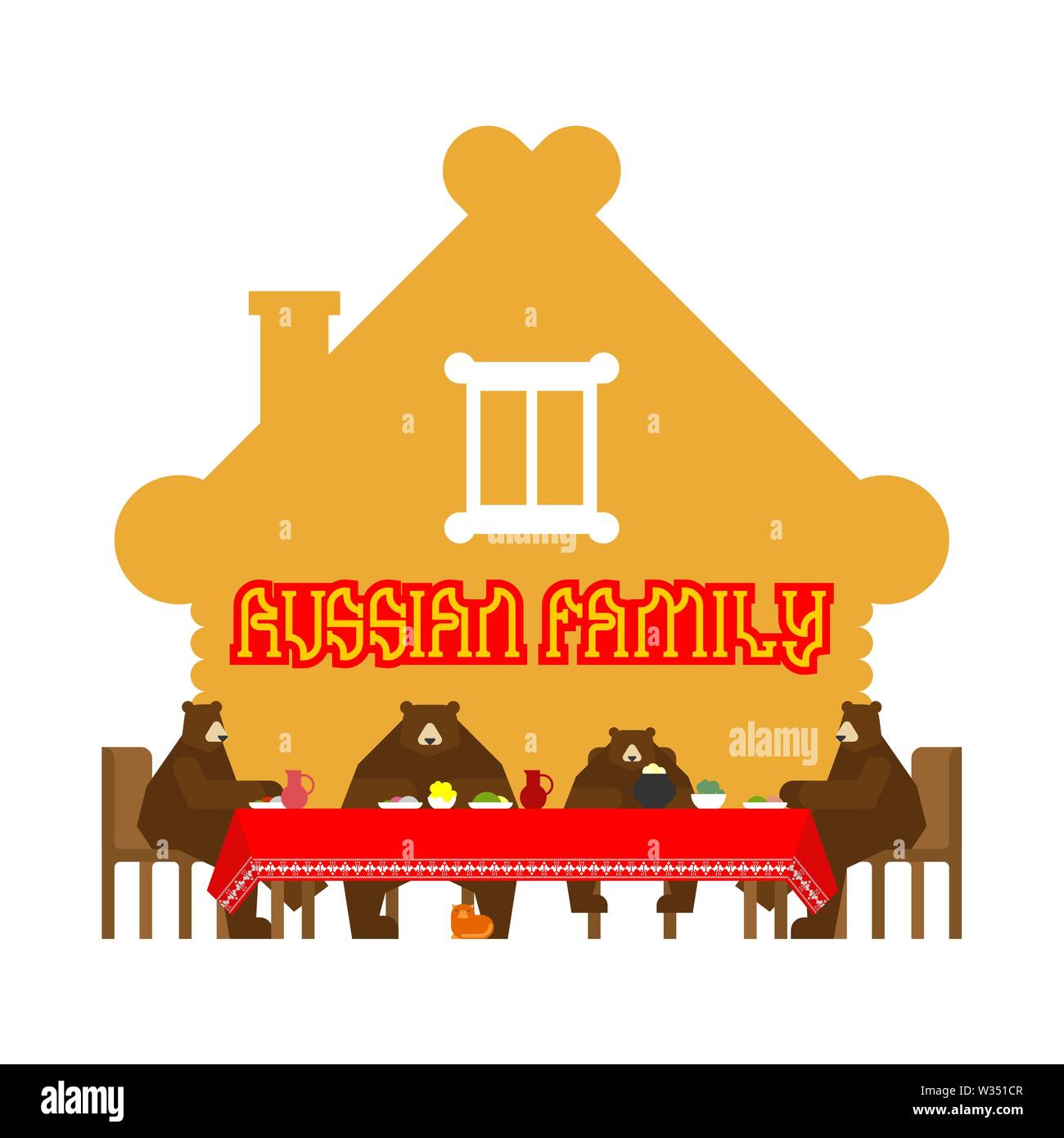 Orso russo famiglia in casa. Bear tradizionale animale domestico. Capanna in legno. In Russia la cultura Illustrazione Vettoriale