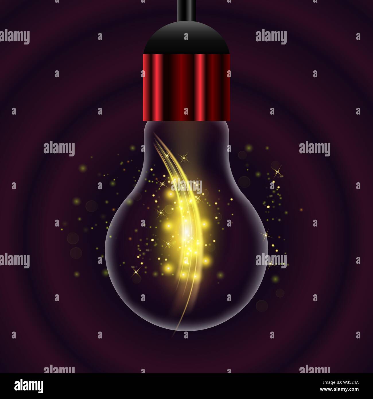 Il vetro della lampadina sul rosso scuro dello sfondo radiale Illustrazione Vettoriale