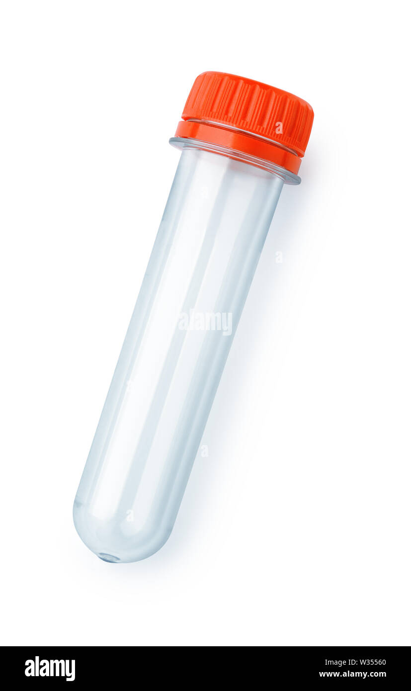 Vista superiore della bottiglia di PET preforma isolato su bianco Foto Stock
