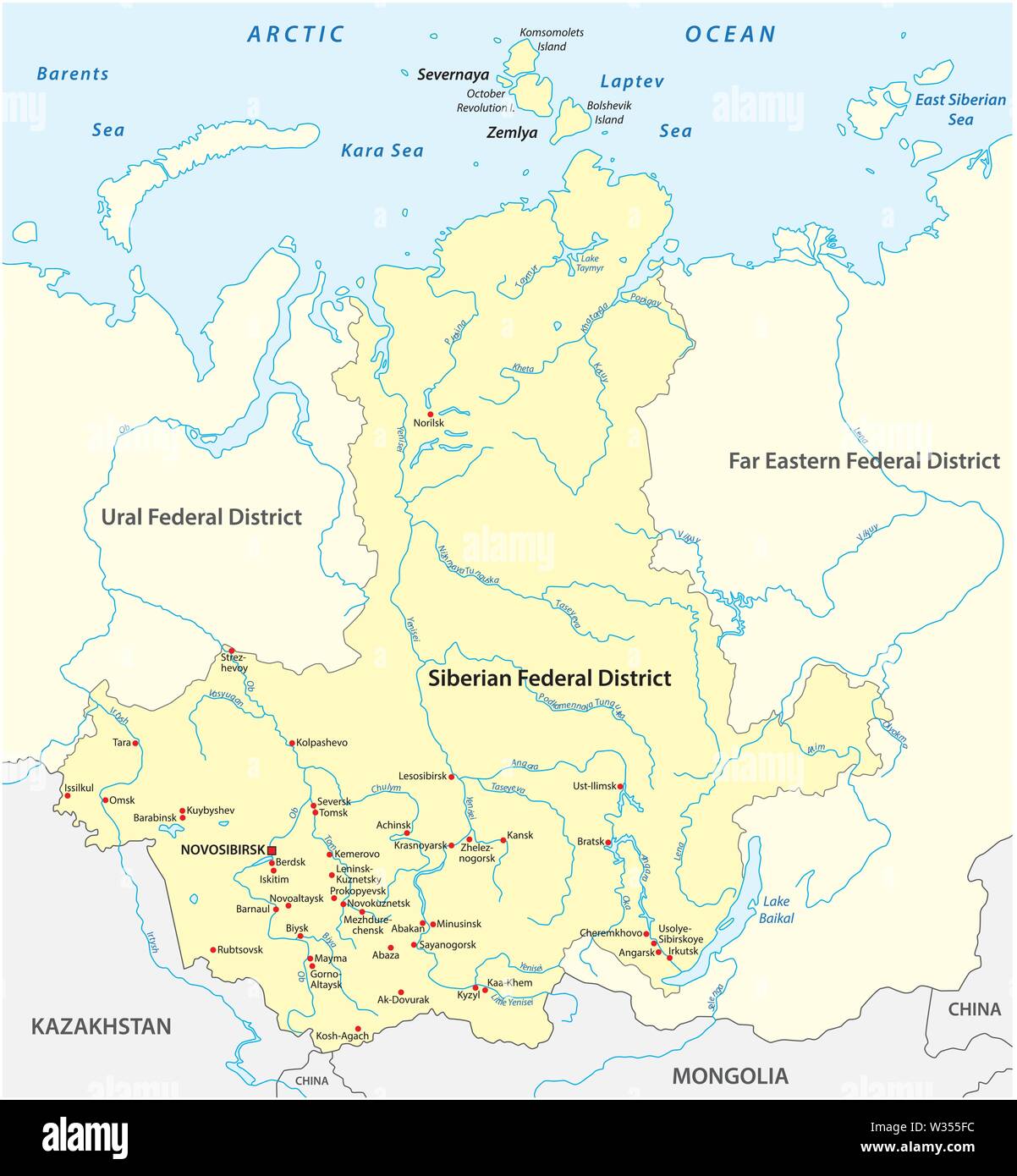 Mappa del russo siberiano Distretto Federale con le principali città e fiumi Illustrazione Vettoriale