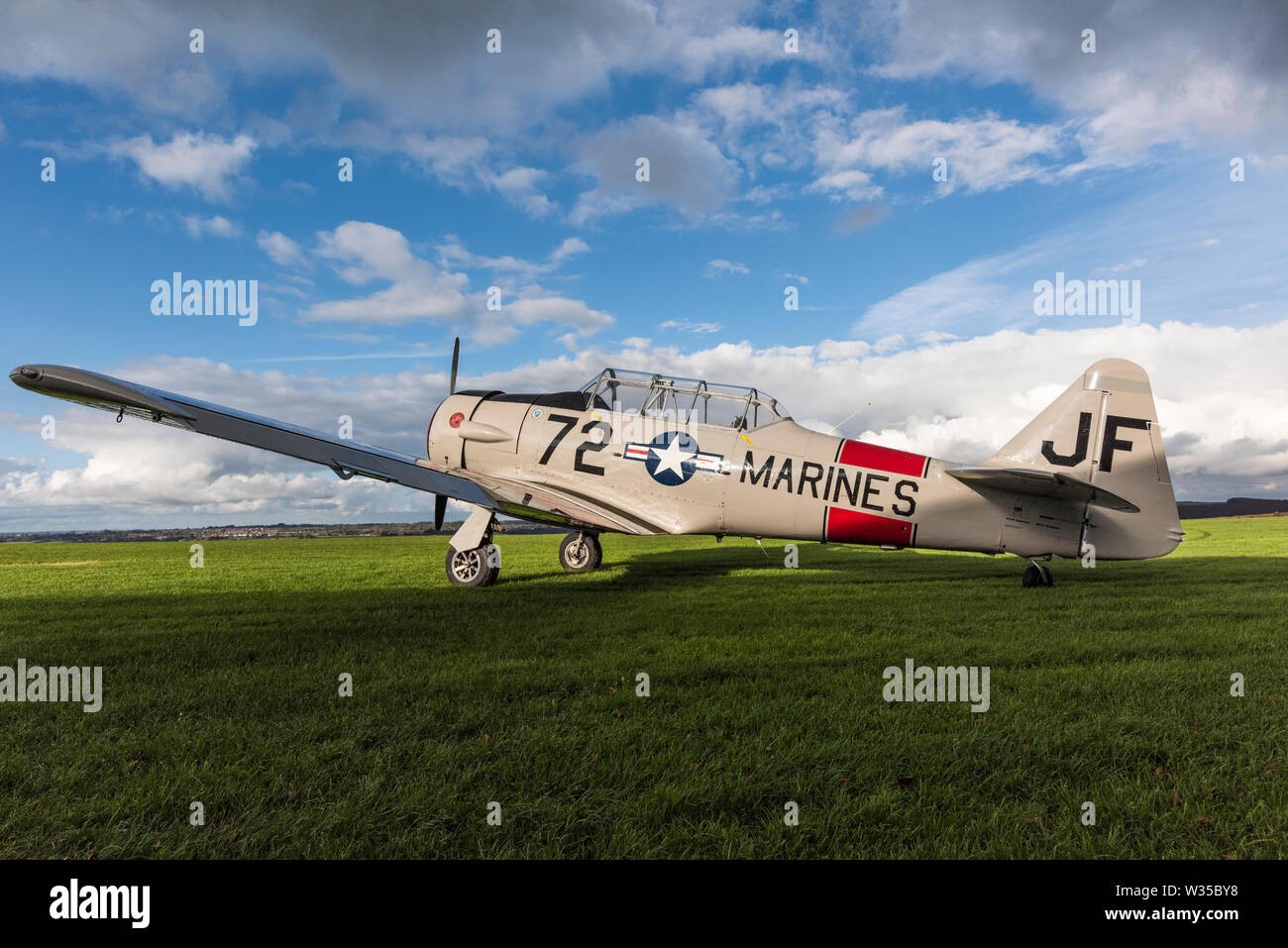 Harvard T6 Warbird, cielo nuvoloso, su di una pista in erba Foto Stock