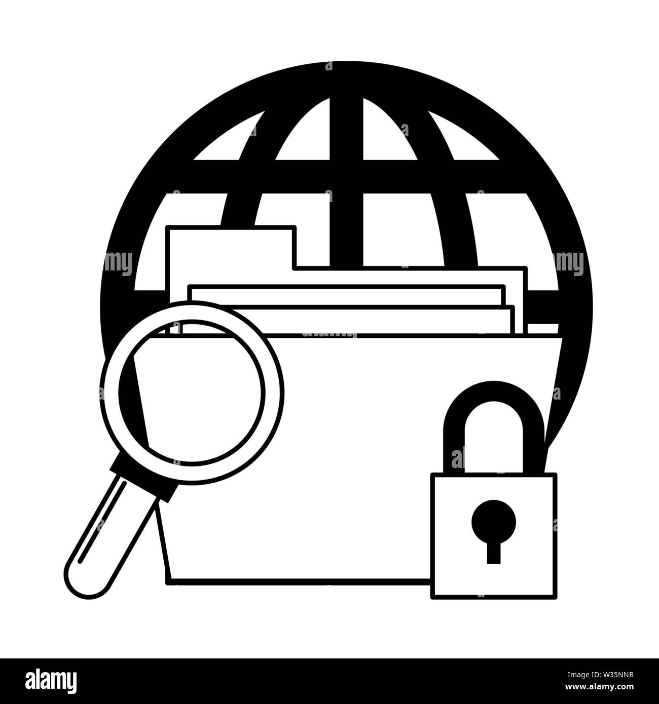 Lente di ingrandimento del sistema di controllo cartoon in bianco e nero Illustrazione Vettoriale