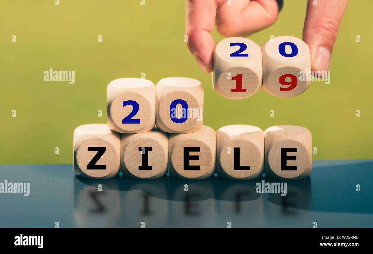 Gli obiettivi per l'anno 2020. Gira a mano i dadi e cambia l'espressione tedesca '2019 Ziele' ('2019 Obiettivi" in inglese) a '2020 Ziele' ('2020 Obiettivi" in ita Foto Stock