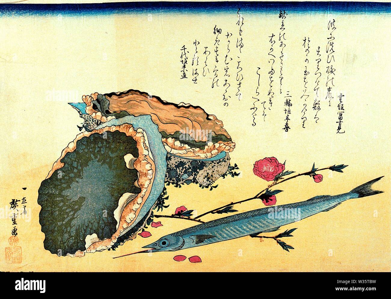 Sayori 針魚 (Giapponese Halfbeak), Awabi o tokobushi 鮑 (Abalone) Utagawa Hiroshige woodblock stampa dalla serie Uozukushi (ogni varietà di pesce) Foto Stock