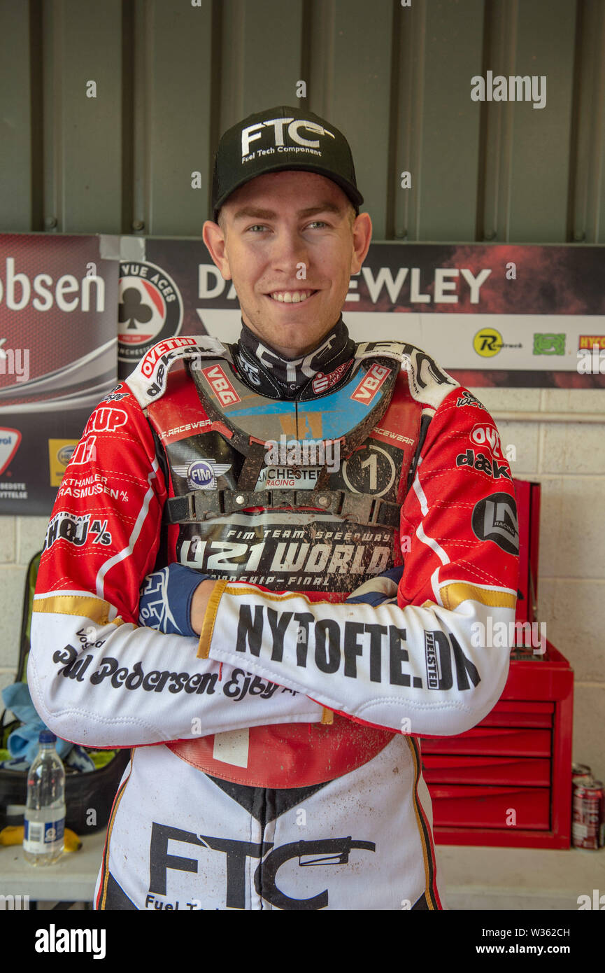 Manchester, Regno Unito. 12 Luglio, 2019. MANCHESTER, REGNO UNITO XIII Luglio Frederik Jacobsen di Danimarca durante il Team FIM Speedway U-21 nel campionato del mondo a livello nazionale Speedway Stadium e Manchester il sabato 13 luglio 2019 (credito: Ian Charles | MI News) Credito: MI News & Sport /Alamy Live News Foto Stock