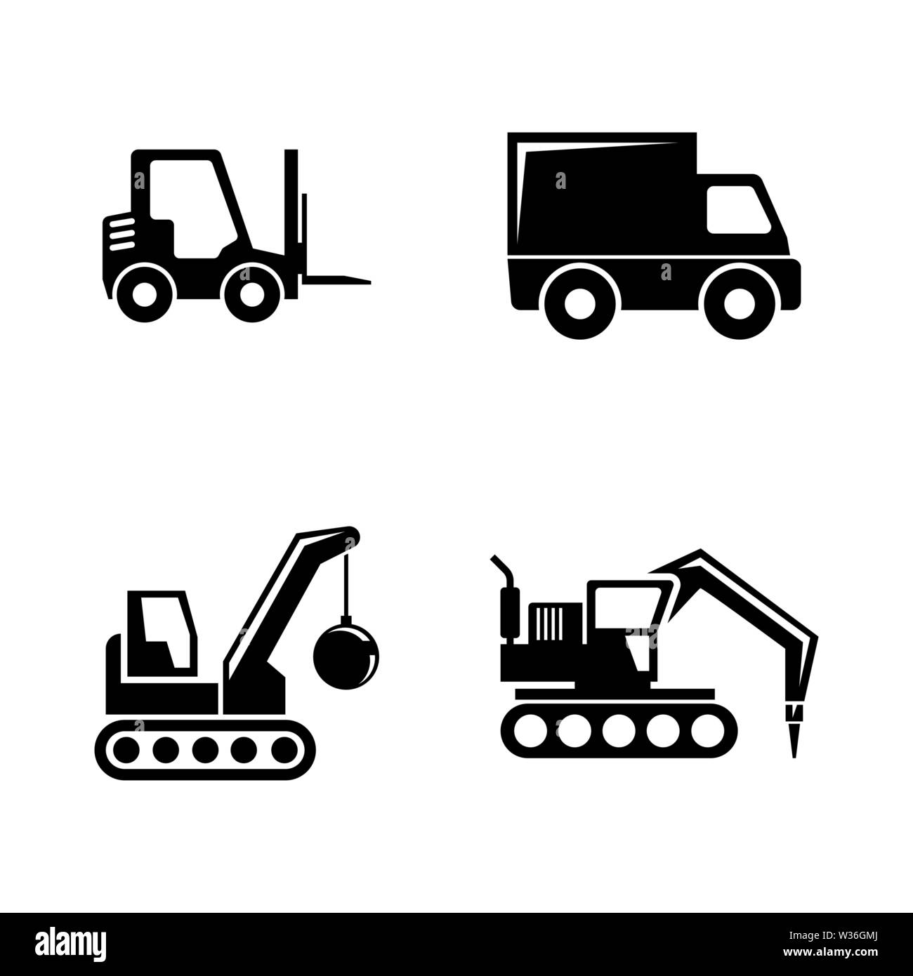I veicoli per la costruzione. Semplice vettore relativi set di icone per i video, applicazioni mobili e siti Web, stampare progetti e il vostro design. Piatto nero illustrazione a W Illustrazione Vettoriale