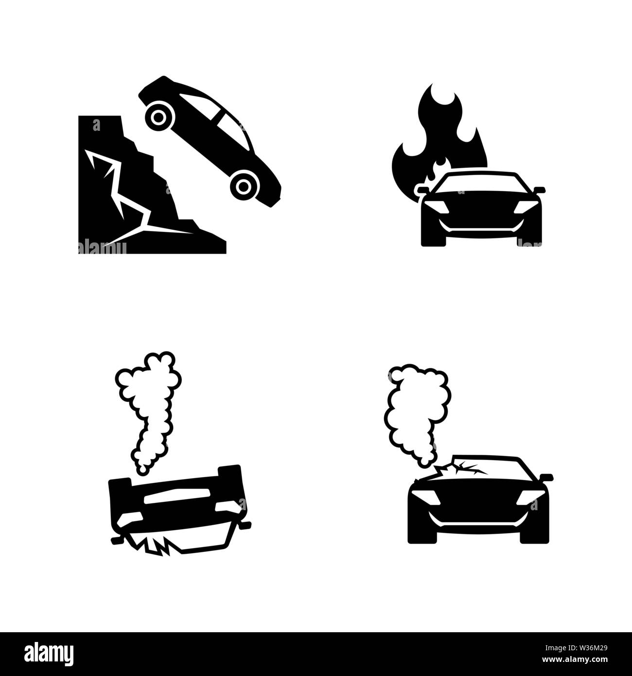 Incidente stradale. Semplice vettore relativi set di icone per i video, applicazioni mobili e siti Web, stampare progetti e il vostro design. Piatto nero illustrazione su bianco Bac Illustrazione Vettoriale