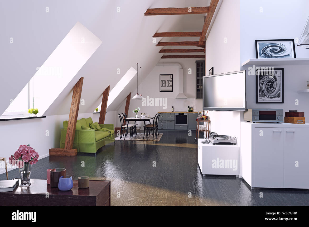 Moderna cucina loft interior design. 3D rendering concept Foto Stock