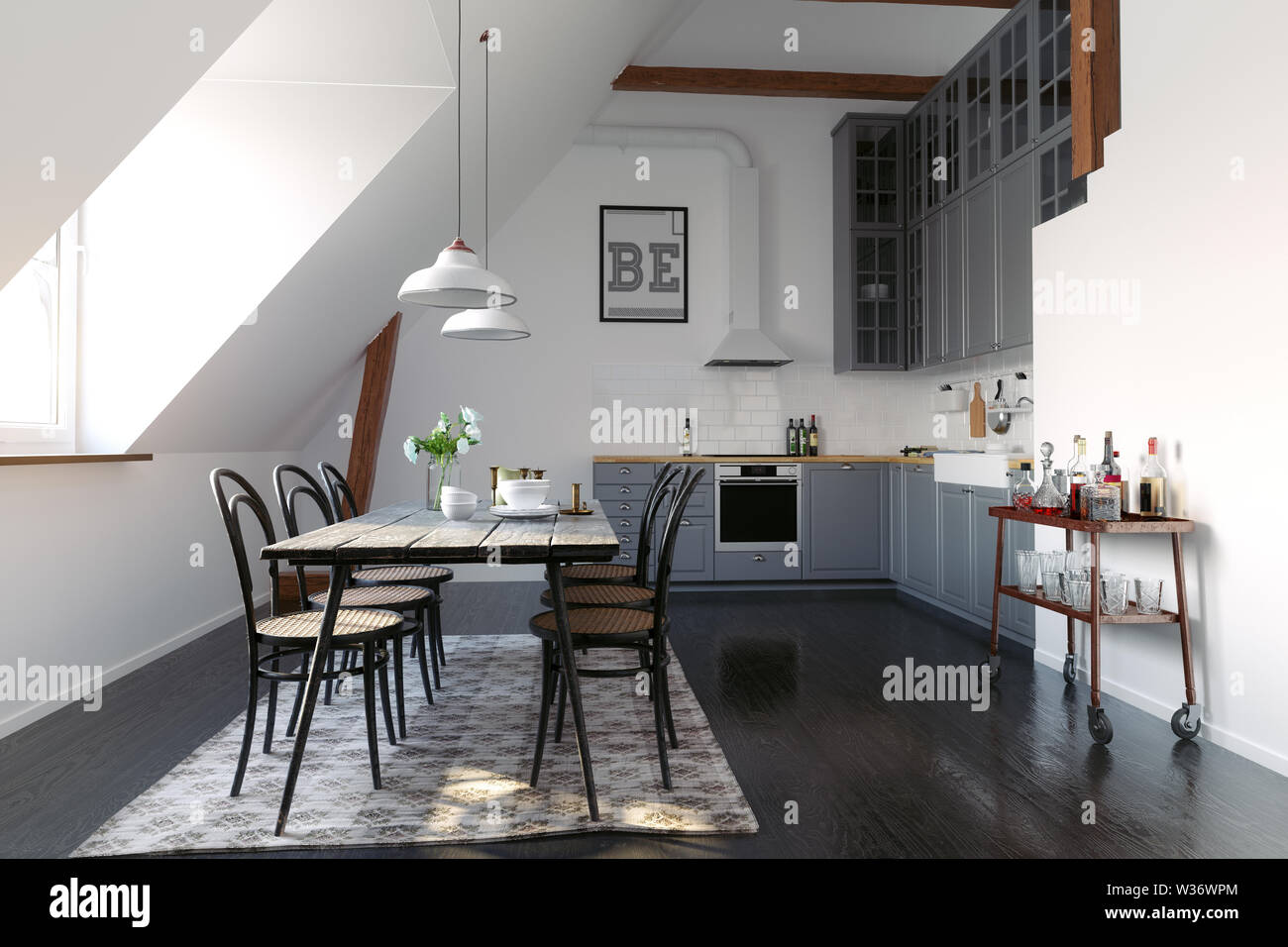 Moderna cucina loft interior design. 3D rendering concept Foto Stock