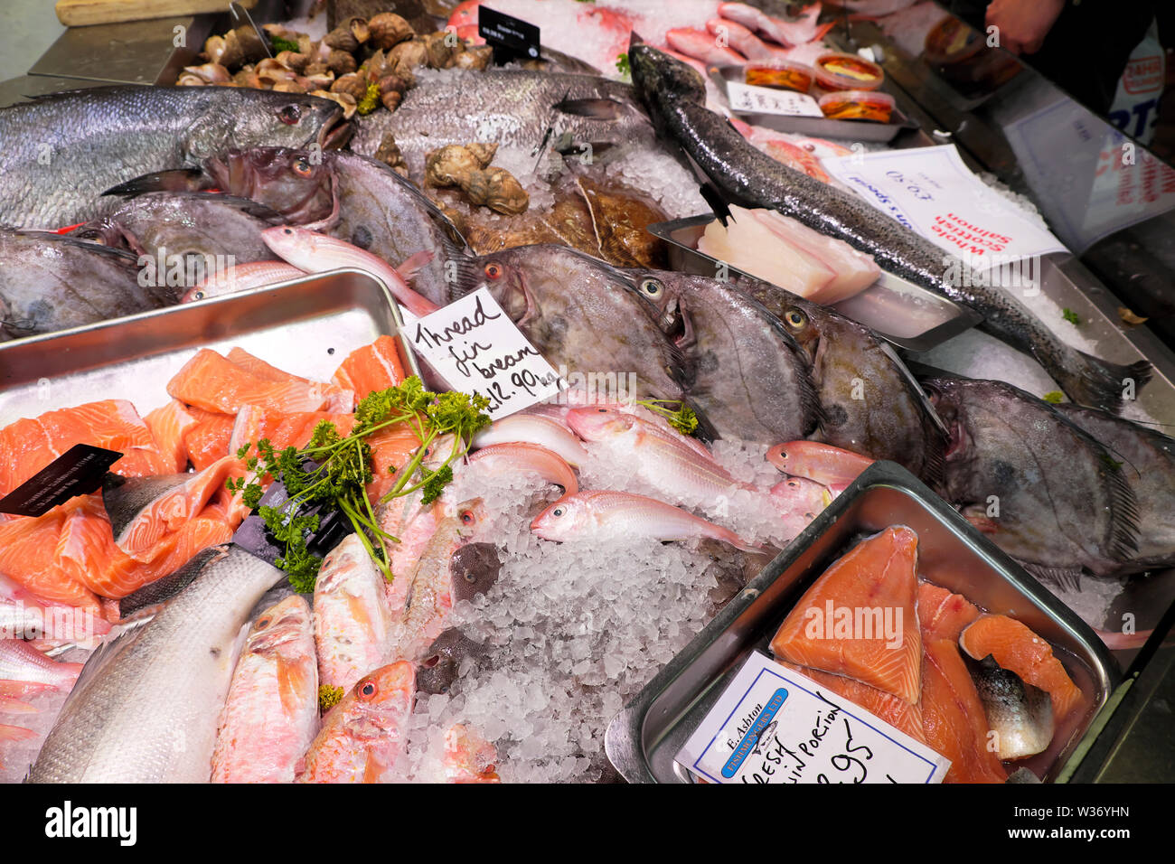 Cardiff Central Market E. Ashton pescivendolo vendita filetto fresco fin orate e varie porzioni di pesce nel centro della città di Cardiff Wales UK KATHY DEWITT Foto Stock