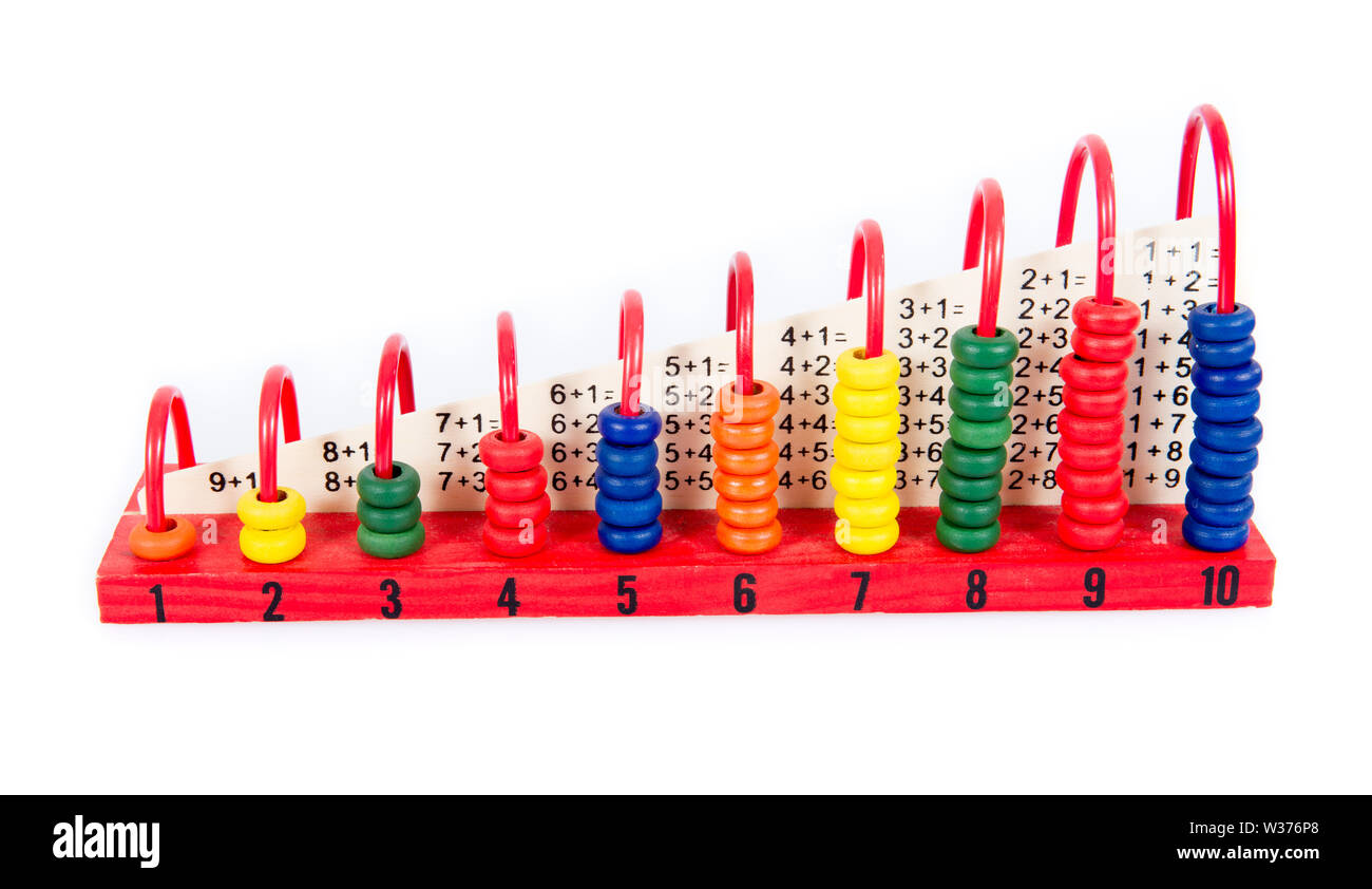 Colorata, giocattolo di legno, abacus con conteggio di numeri da 1 a 10. Foto Stock