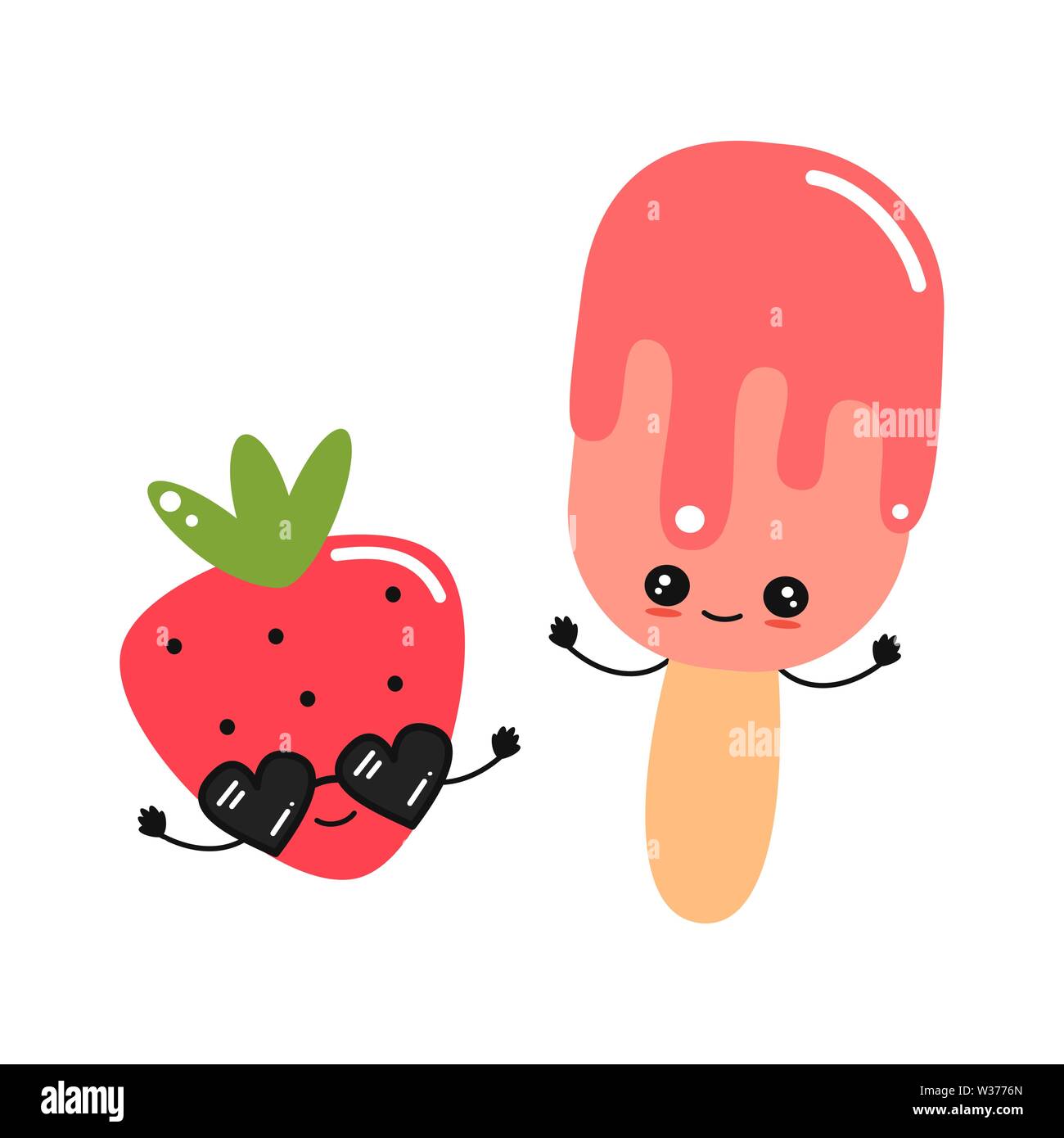 Cartoon carino fragola con occhiali da sole e gelato carattere illustrazione vettore isolato su sfondo bianco Illustrazione Vettoriale
