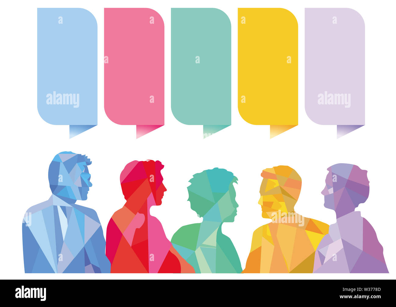 Domanda e risposta bolle del parlato con un gruppo di persone, illustrazione Foto Stock