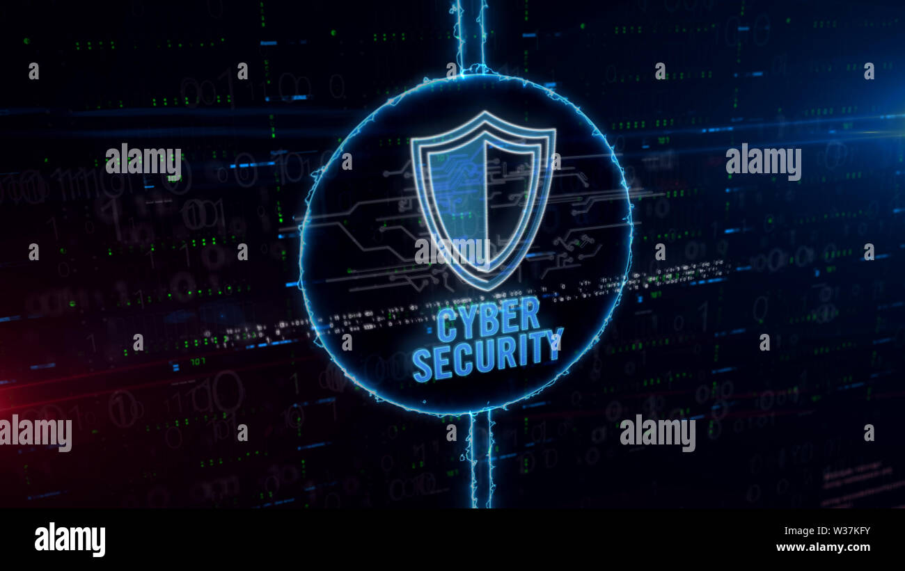 Cyber security con scudo simbolo di ologramma dinamico cerchio elettrico su sfondo digitale. Un concetto moderno di protezione digitale, firewall e comput Foto Stock