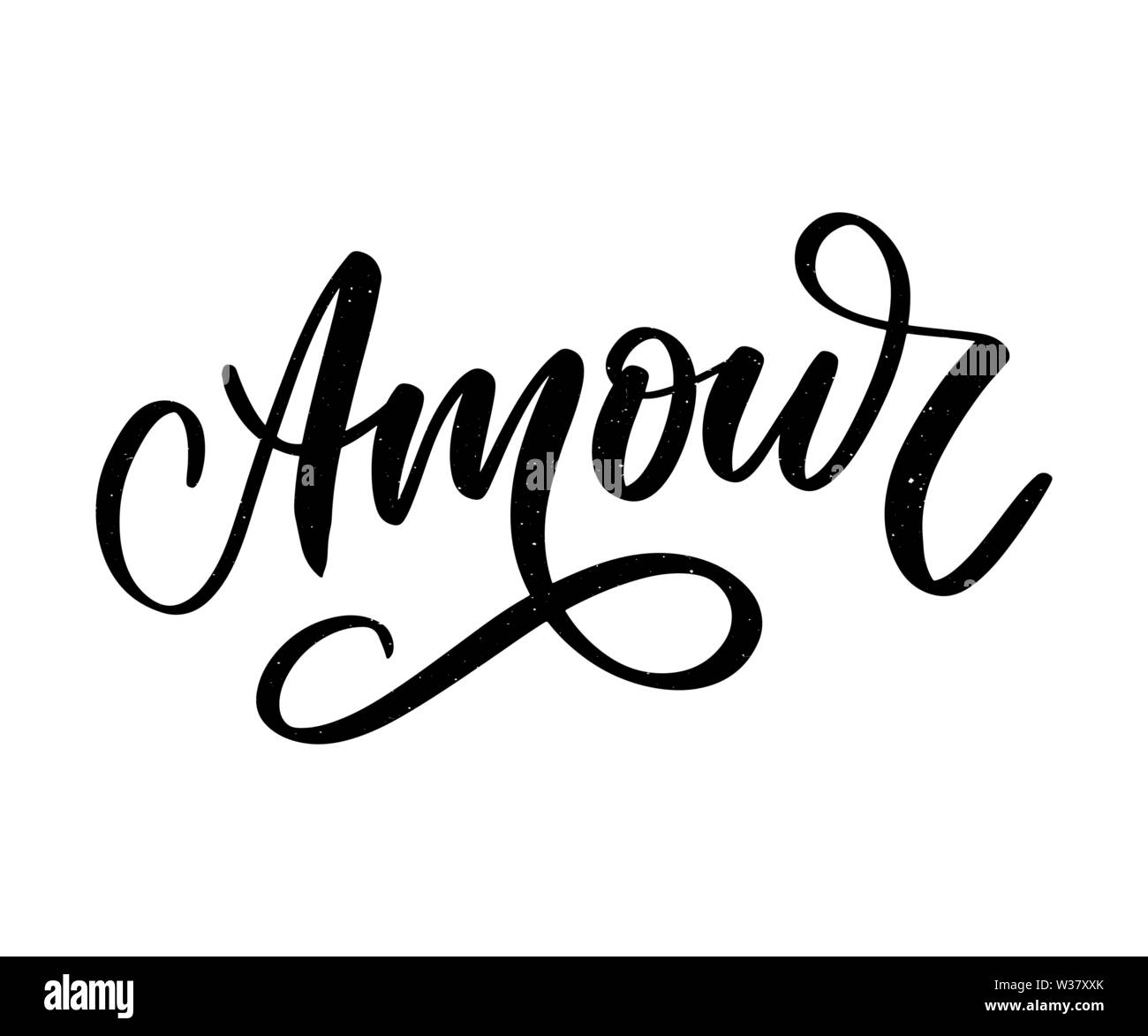 Amour. Vettore di caratteri scritti a mano con disegnati a mano fiori. Modello di scheda, poster, striscioni, stampa per t-shirt, pin, badge Illustrazione Vettoriale