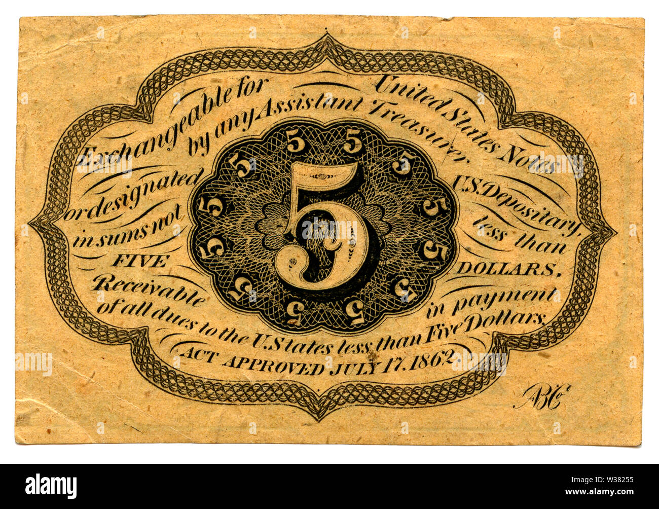 Cinque-cento US Postal valuta, prima edizione, dotate di Thomas Jefferson. Oro, Argento e Rame le monete in euro sono state horded all inizio della guerra civile e di timbri postages divenne una popolare forma di valuta; tuttavia il retro adesivo è stato un serio impedimento. Il 17 luglio 1862, il Congresso autorizzò la stampa di moneta postali note nelle denominazioni di 5, 10, 25 e 50 centesimi. Queste note possono essere riscattati per i francobolli o per una banca statunitense nota nella quantità di cinque dollari o più. La moneta postale era riuscito da moneta frazionaria in 1863. Il Post Office tenuti registri dettagliati e 44,857,78 Foto Stock Cinque-cento US Postal valuta, prima edizione, dotate di Thomas Jefferson. Oro, Argento e Rame le monete in euro sono state horded all inizio della guerra civile e di timbri postages divenne una popolare forma di valuta; tuttavia il retro adesivo è stato un serio impedimento. Il 17 luglio 1862, il Congresso autorizzò la stampa di moneta postali note nelle denominazioni di 5, 10, 25 e 50 centesimi. Queste note possono essere riscattati per i francobolli o per una banca statunitense nota nella quantità di cinque dollari o più. La moneta postale era riuscito da moneta frazionaria in 1863. Il Post Office tenuti registri dettagliati e 44,857,78 Foto Stock