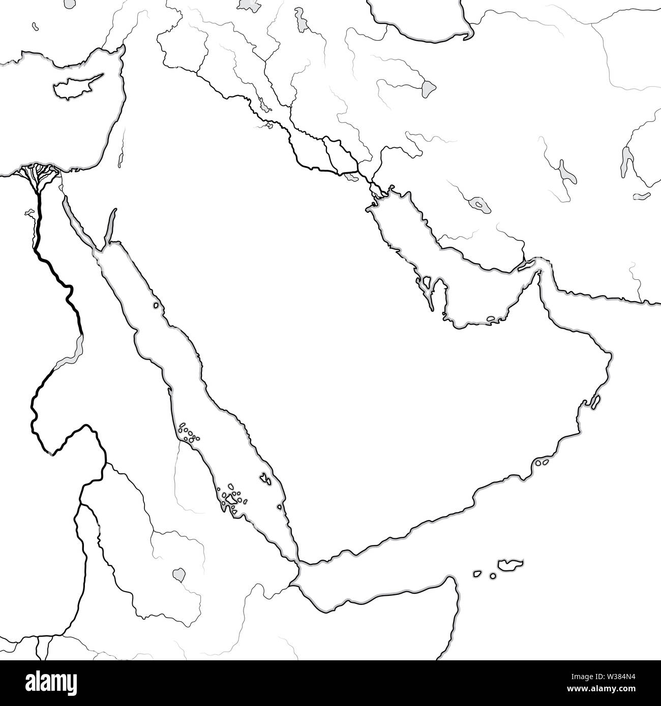 Mappa mondiale della penisola arabica: il Medio Oriente e il mondo arabo, Emirati Arabi, l'Arabia Saudita, Iraq, Siria, Mesopotamia, Persia, Golfo Persico, Mar Rosso. Foto Stock
